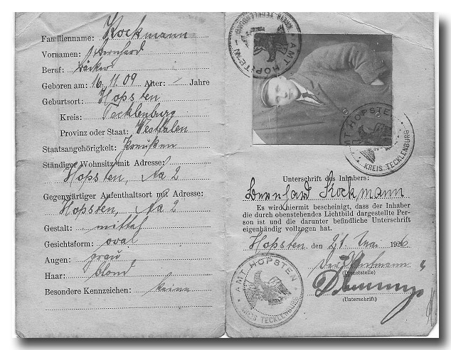 Ausweis von Bernhard Kockmann (mit Berufsbezeichnung: Bäcker)