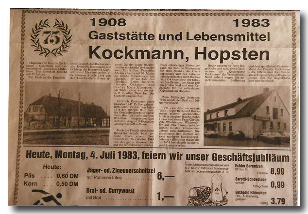 Zeitungsanzeige zum 75-jährigen Jubiläum der Gastwirtschaft.